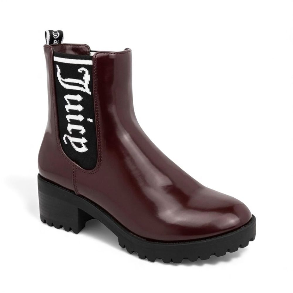 Juicy Couture One Up Chelsea Boots Lug Sole Logo Block Heel Burgundy 8.5 NEW